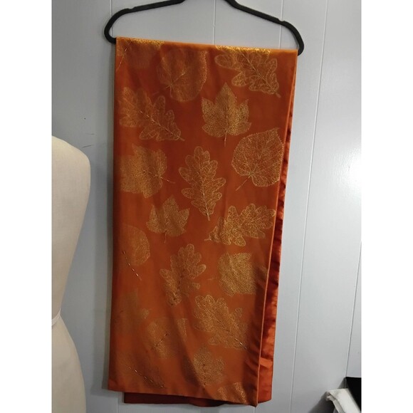 Vtg TABLE RUNNER Orange Velvet with Metallic GOLD Beadin 72" x 16" - Picture 1 of 3